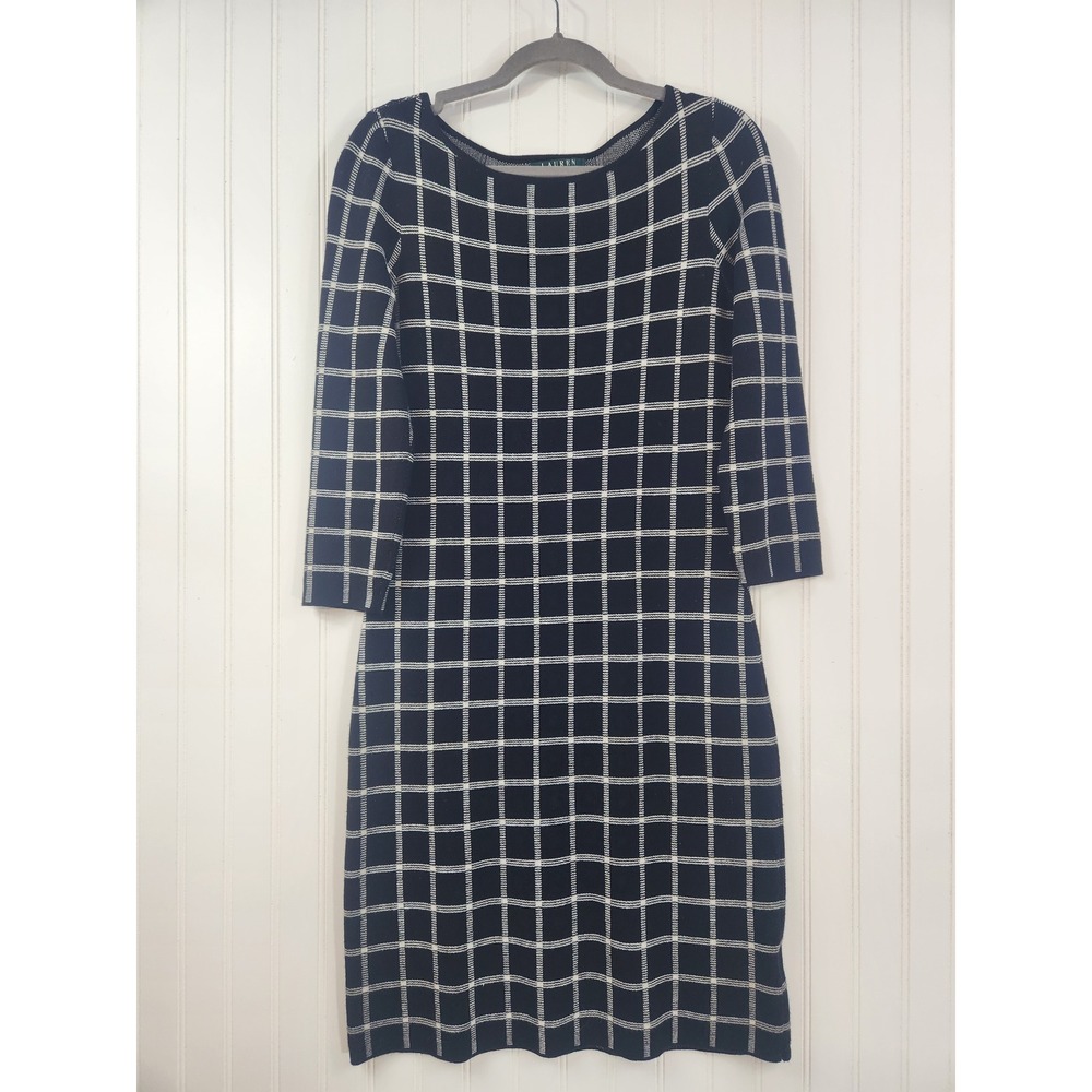 Lauren RL‎ Women's Black White Windowpane Plaid Knit Sheath Sweater Dress Med